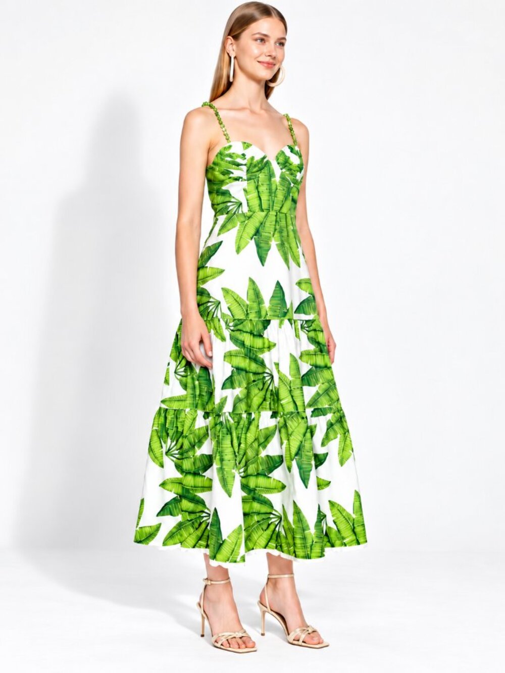 FARM Rio Palm Fan Off White Midi Dress L Green Leaf Beaded Straps